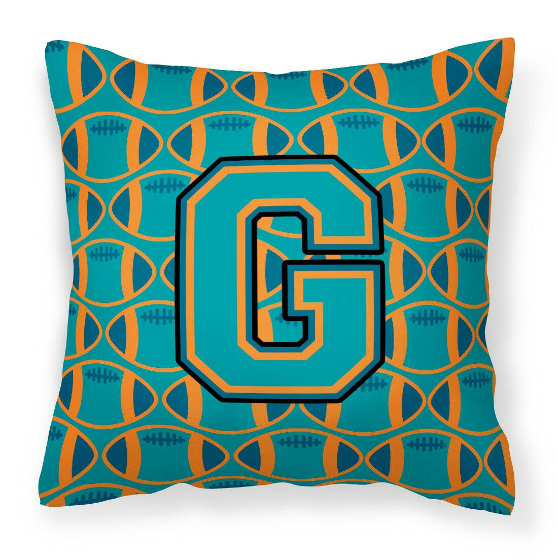 Letter G Football Aqua, Orange and Marine Blue Fabric Decorative Pillow CJ1063-GPW1414 by Caroline&#39;s Treasures