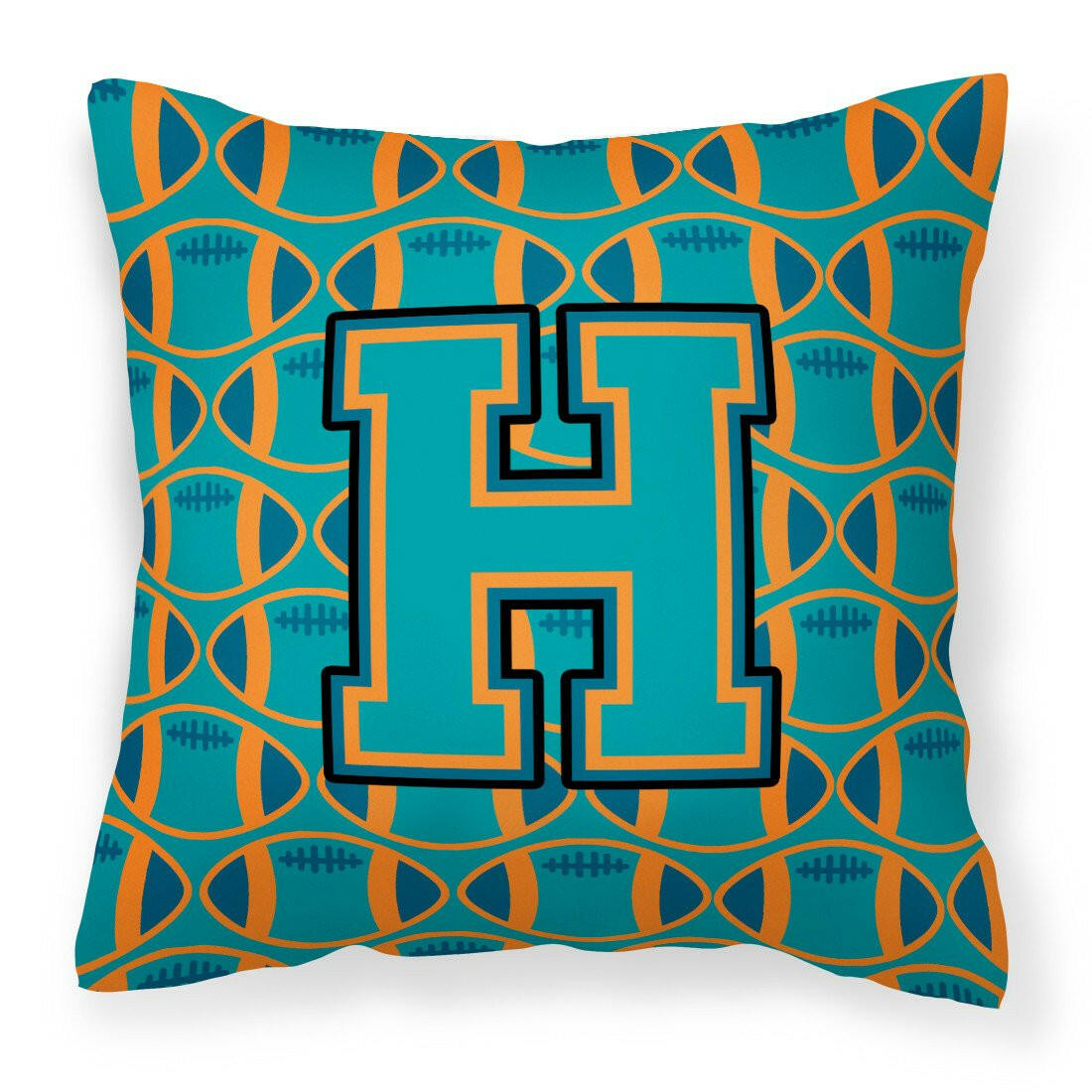 Letter H Football Aqua, Orange and Marine Blue Fabric Decorative Pillow CJ1063-HPW1414 by Caroline&#39;s Treasures