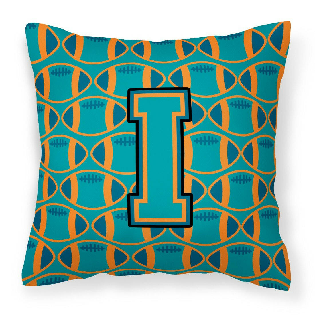 Letter I Football Aqua, Orange and Marine Blue Fabric Decorative Pillow CJ1063-IPW1414 by Caroline&#39;s Treasures