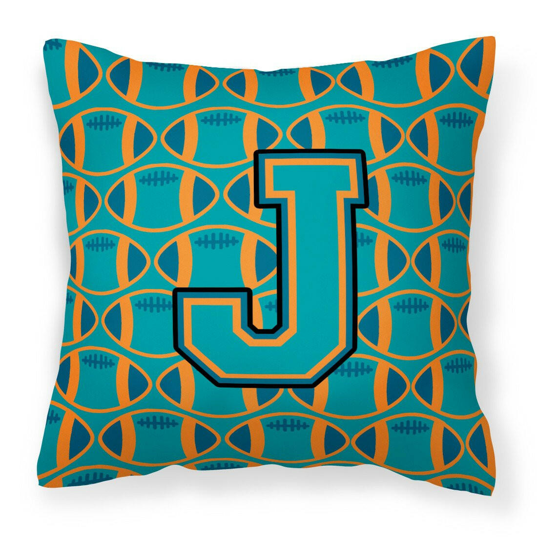 Letter J Football Aqua, Orange and Marine Blue Fabric Decorative Pillow CJ1063-JPW1414 by Caroline&#39;s Treasures