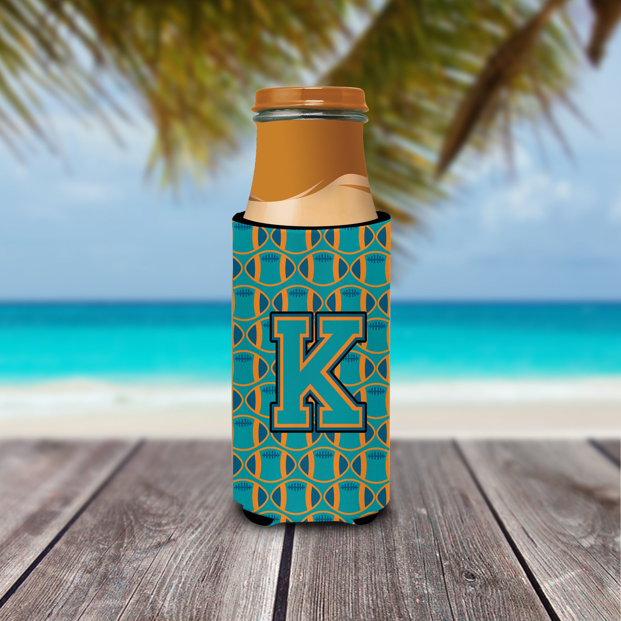 Letter K Football Aqua, Orange and Marine Blue Ultra Beverage Insulators for slim cans CJ1063-KMUK