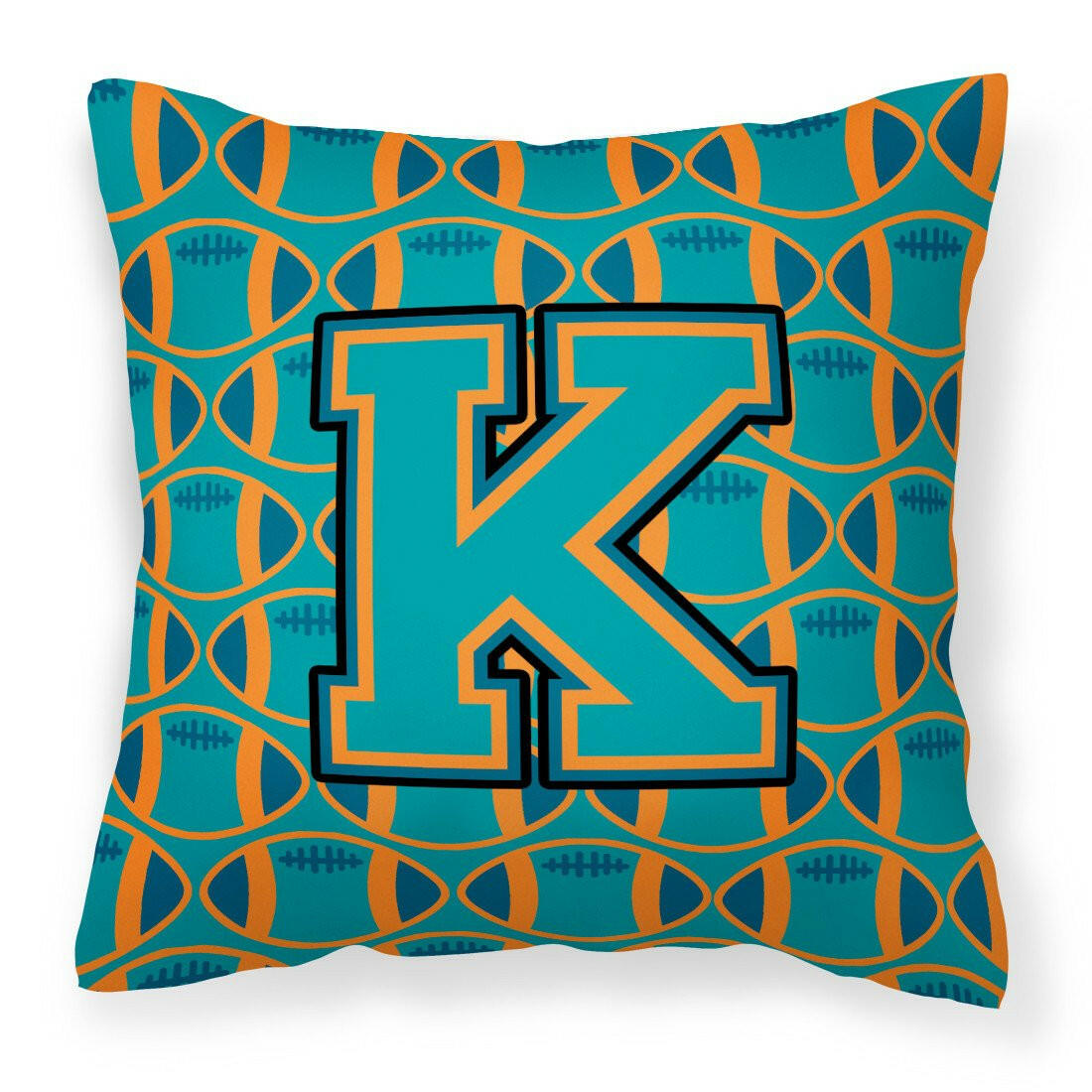 Letter K Football Aqua, Orange and Marine Blue Fabric Decorative Pillow CJ1063-KPW1414 by Caroline&#39;s Treasures