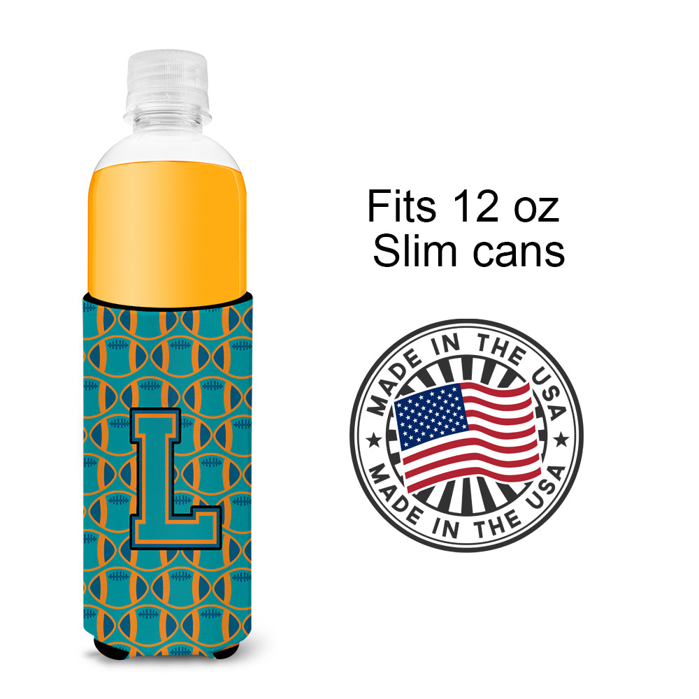 Letter L Football Aqua, Orange and Marine Blue Ultra Beverage Insulators for slim cans CJ1063-LMUK.