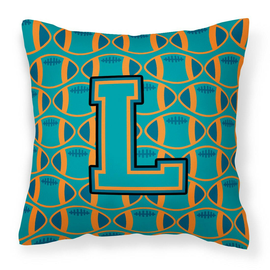 Letter L Football Aqua, Orange and Marine Blue Fabric Decorative Pillow CJ1063-LPW1414 by Caroline&#39;s Treasures