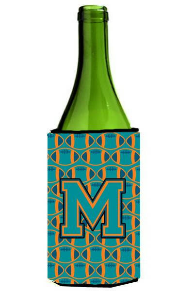 Letter M Football Aqua, Orange and Marine Blue Wine Bottle Beverage Insulator Hugger CJ1063-MLITERK by Caroline&#39;s Treasures