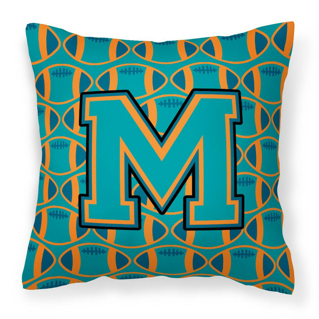 Letter M Football Aqua, Orange and Marine Blue Fabric Decorative Pillow CJ1063-MPW1414 by Caroline&#39;s Treasures