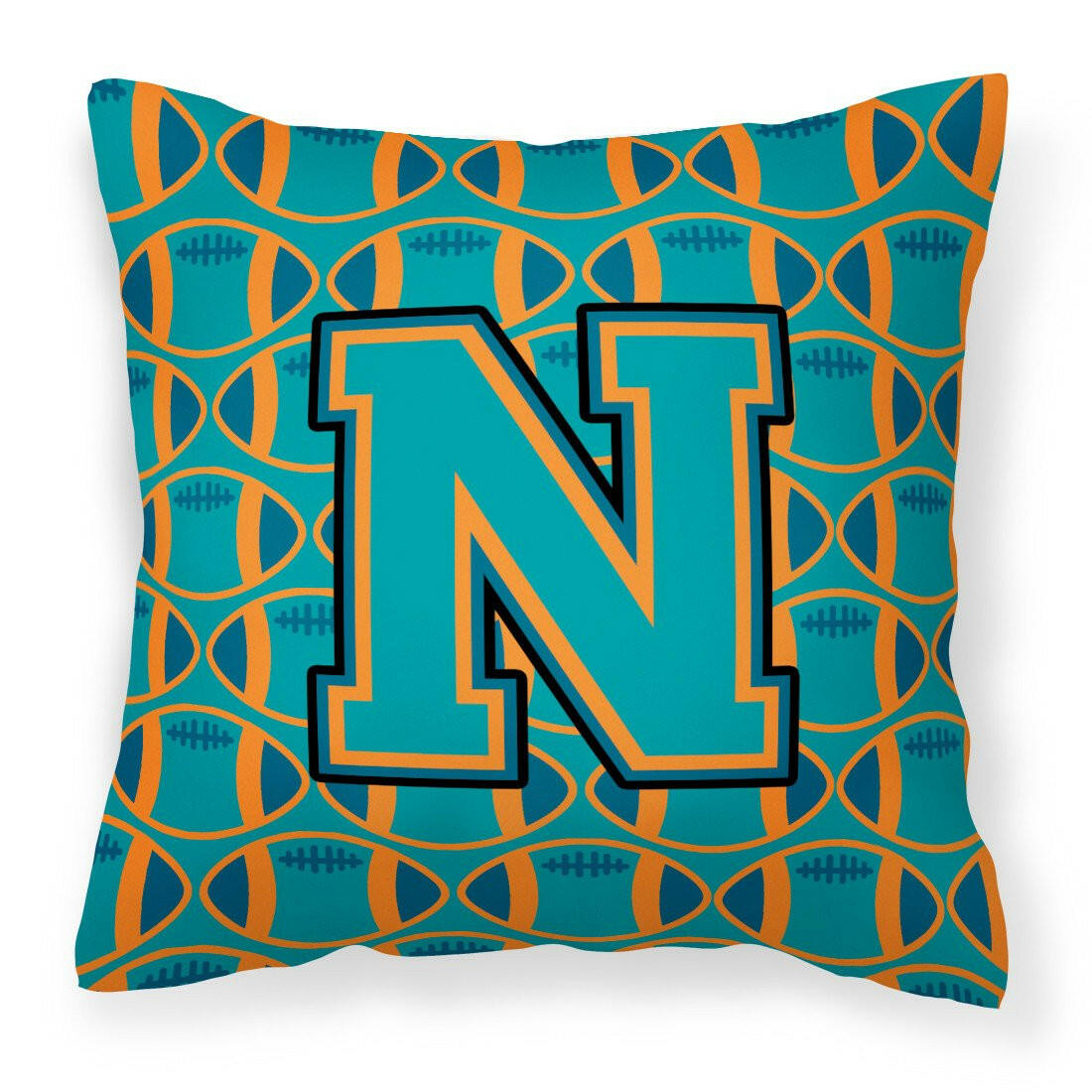 Letter N Football Aqua, Orange and Marine Blue Fabric Decorative Pillow CJ1063-NPW1414 by Caroline&#39;s Treasures