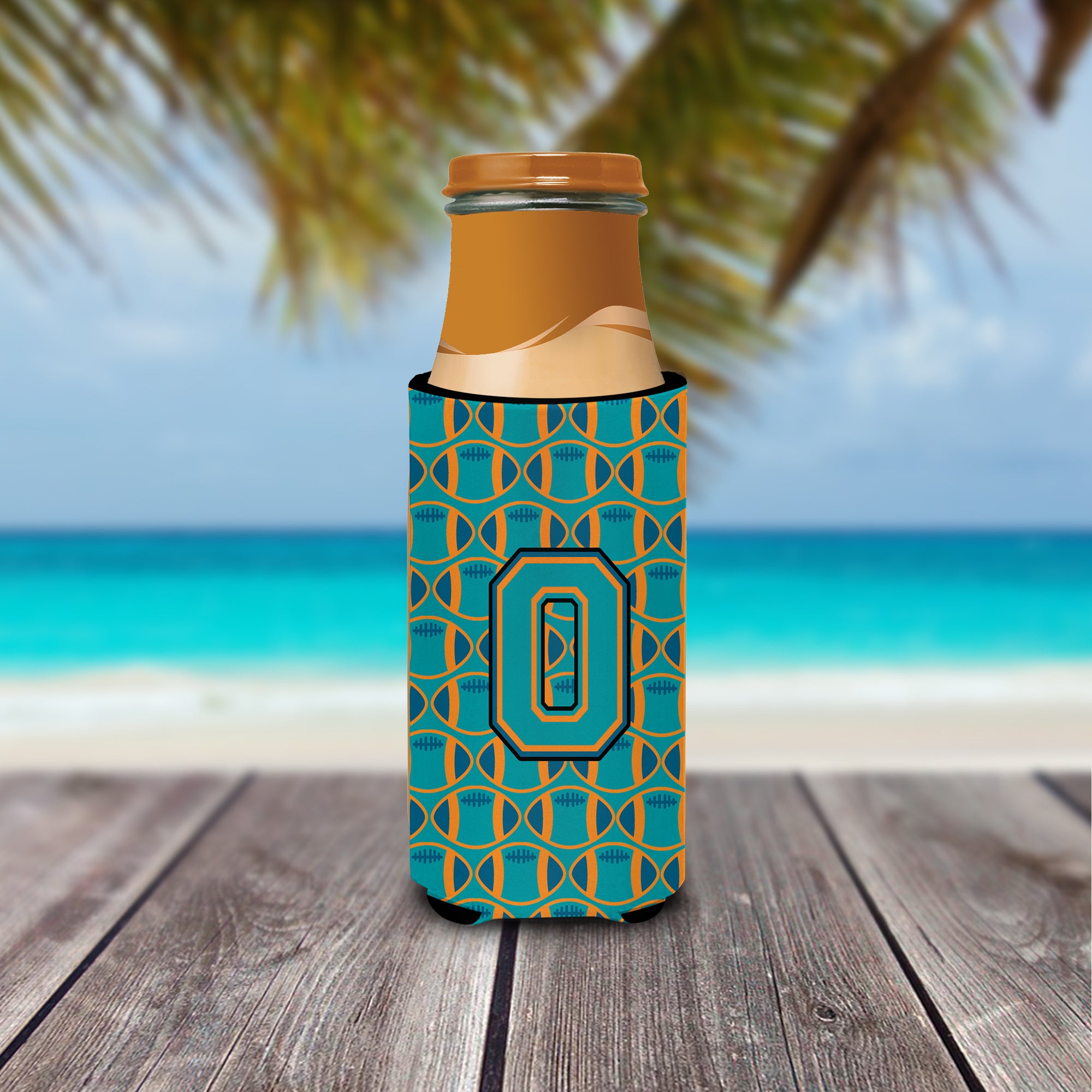 Letter O Football Aqua, Orange and Marine Blue Ultra Beverage Insulators for slim cans CJ1063-OMUK.