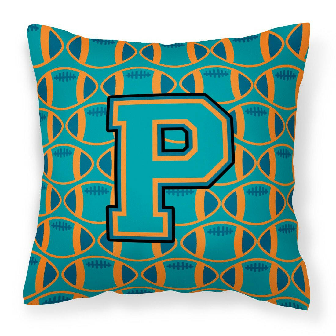 Letter P Football Aqua, Orange and Marine Blue Fabric Decorative Pillow CJ1063-PPW1414 by Caroline&#39;s Treasures