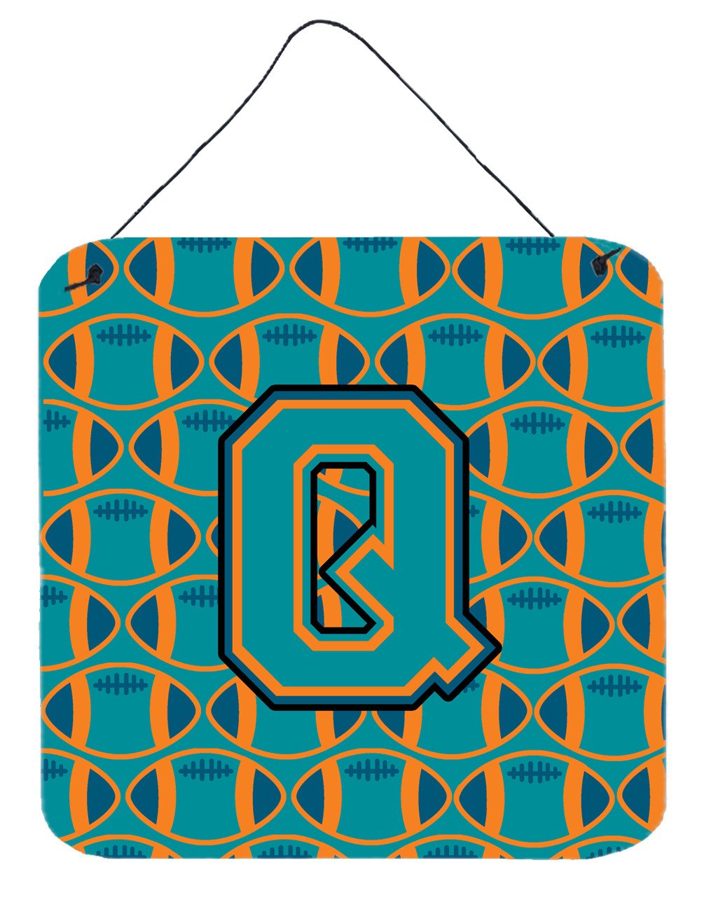 Letter Q Football Aqua, Orange and Marine Blue Wall or Door Hanging Prints CJ1063-QDS66 by Caroline&#39;s Treasures