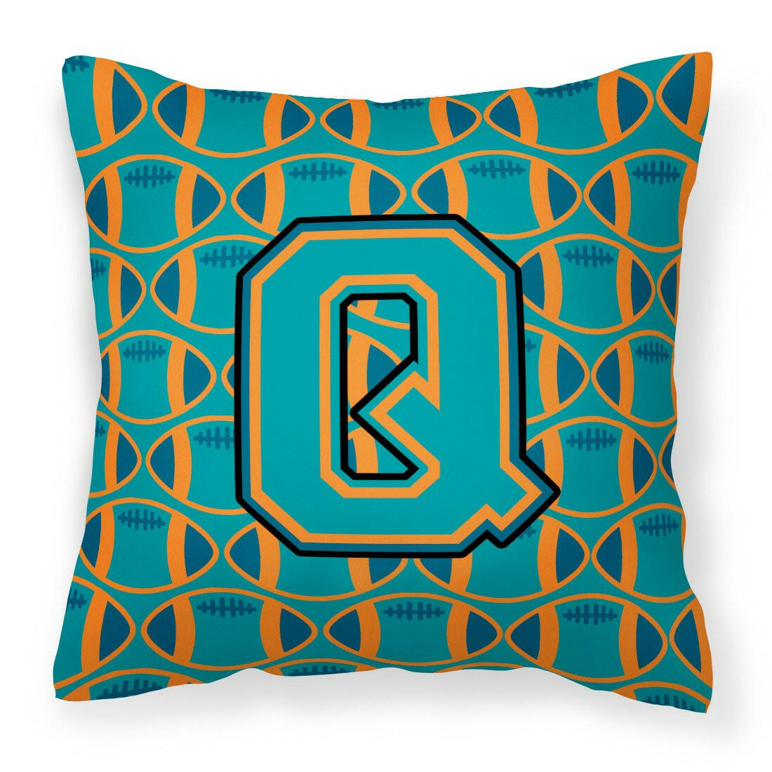 Letter Q Football Aqua, Orange and Marine Blue Fabric Decorative Pillow CJ1063-QPW1414 by Caroline&#39;s Treasures