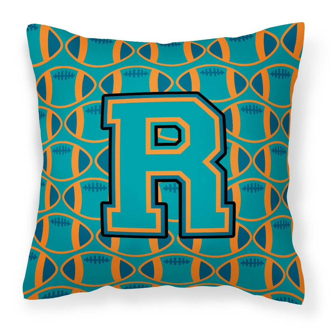 Letter R Football Aqua, Orange and Marine Blue Fabric Decorative Pillow CJ1063-RPW1414 by Caroline&#39;s Treasures