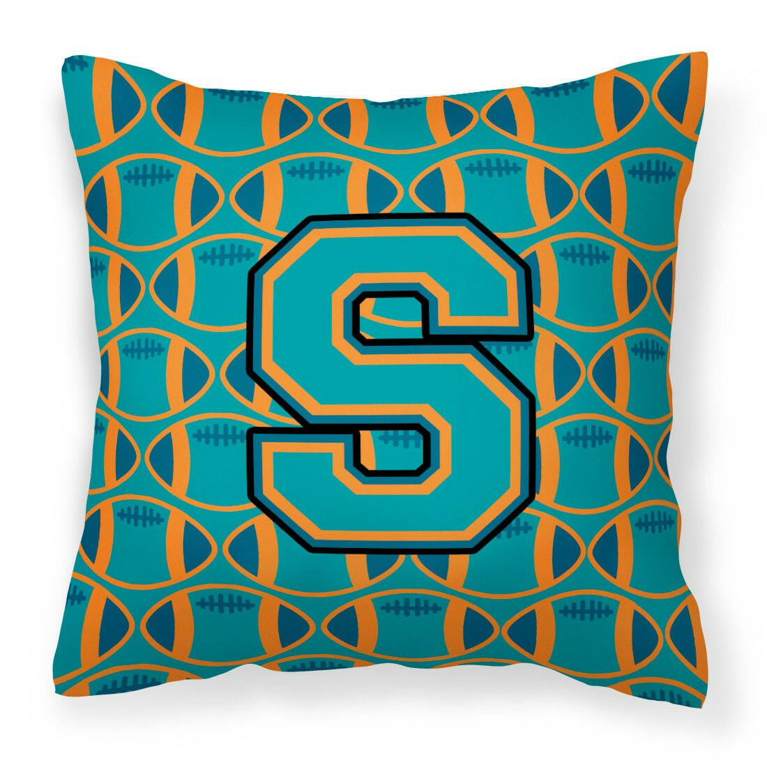 Letter S Football Aqua, Orange and Marine Blue Fabric Decorative Pillow CJ1063-SPW1414 by Caroline&#39;s Treasures
