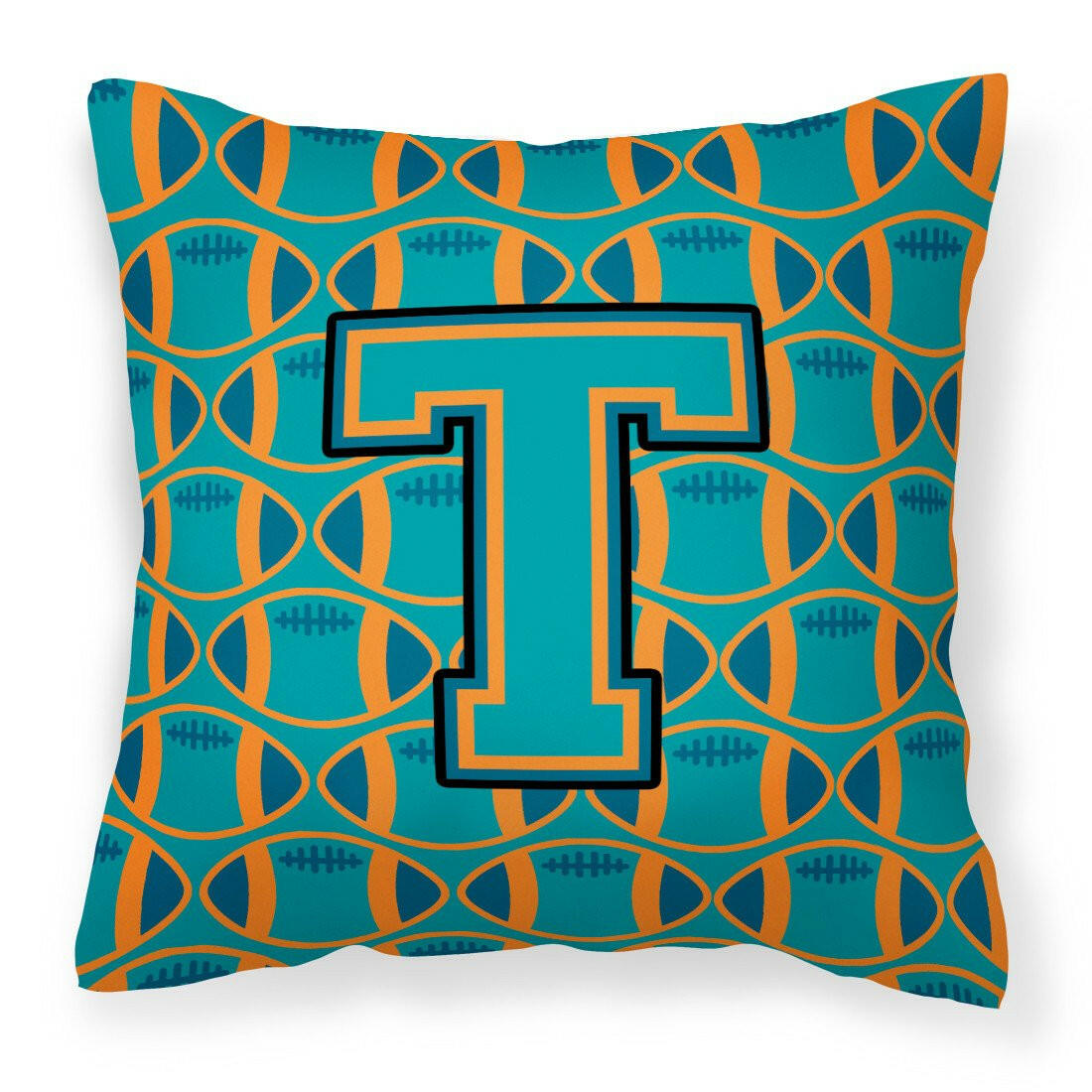 Letter T Football Aqua, Orange and Marine Blue Fabric Decorative Pillow CJ1063-TPW1414 by Caroline&#39;s Treasures