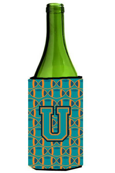 Letter U Football Aqua, Orange and Marine Blue Wine Bottle Beverage Insulator Hugger CJ1063-ULITERK by Caroline&#39;s Treasures