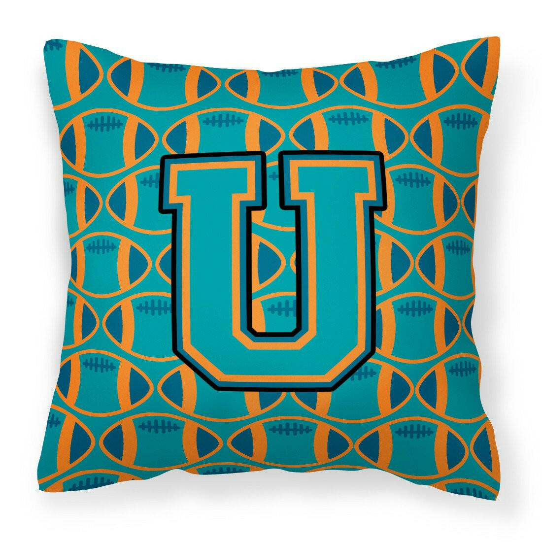 Letter U Football Aqua, Orange and Marine Blue Fabric Decorative Pillow CJ1063-UPW1414 by Caroline&#39;s Treasures