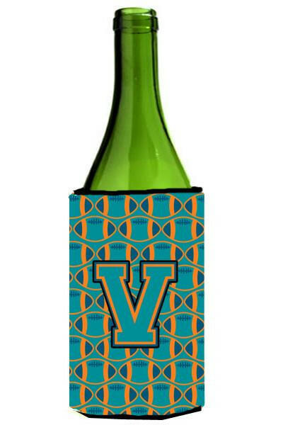Letter V Football Aqua, Orange and Marine Blue Wine Bottle Beverage Insulator Hugger CJ1063-VLITERK by Caroline&#39;s Treasures