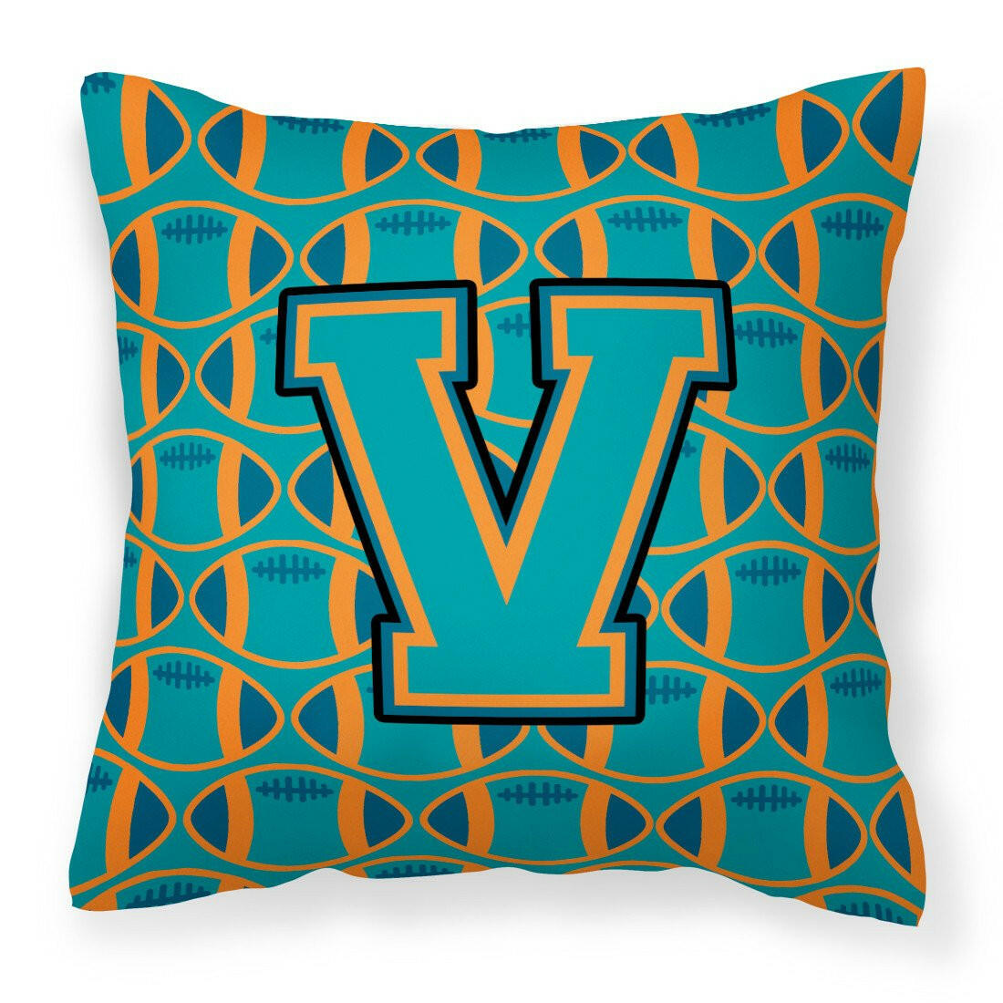 Letter V Football Aqua, Orange and Marine Blue Fabric Decorative Pillow CJ1063-VPW1414 by Caroline&#39;s Treasures