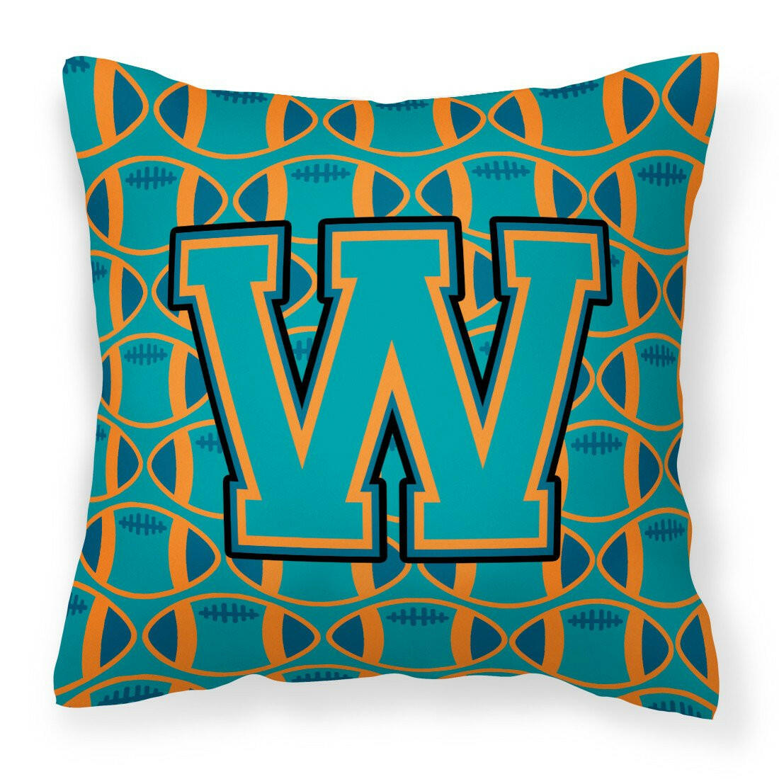 Letter W Football Aqua, Orange and Marine Blue Fabric Decorative Pillow CJ1063-WPW1414 by Caroline&#39;s Treasures