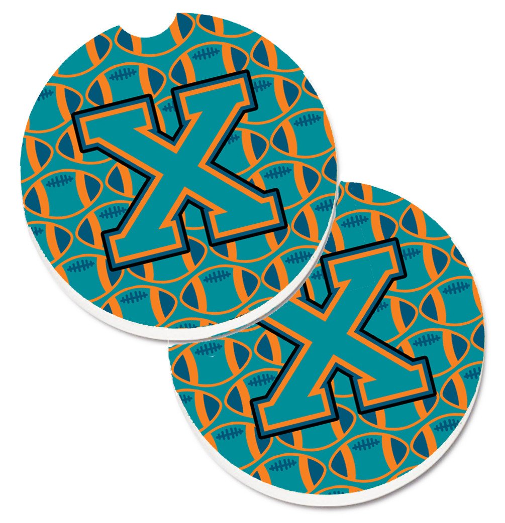 Letter X Football Aqua, Orange and Marine Blue Set of 2 Cup Holder Car Coasters CJ1063-XCARC by Caroline&#39;s Treasures