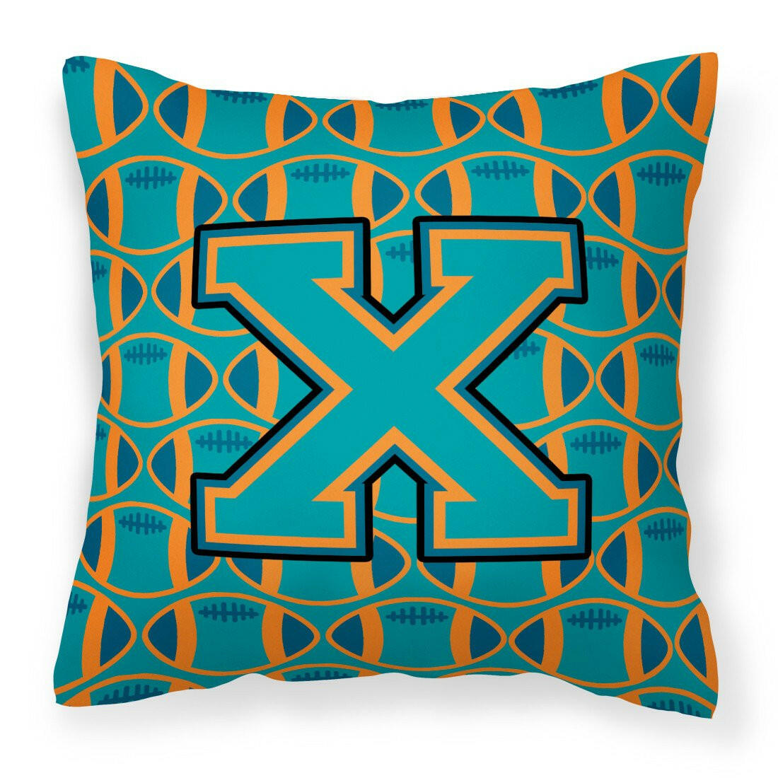 Letter X Football Aqua, Orange and Marine Blue Fabric Decorative Pillow CJ1063-XPW1414 by Caroline&#39;s Treasures