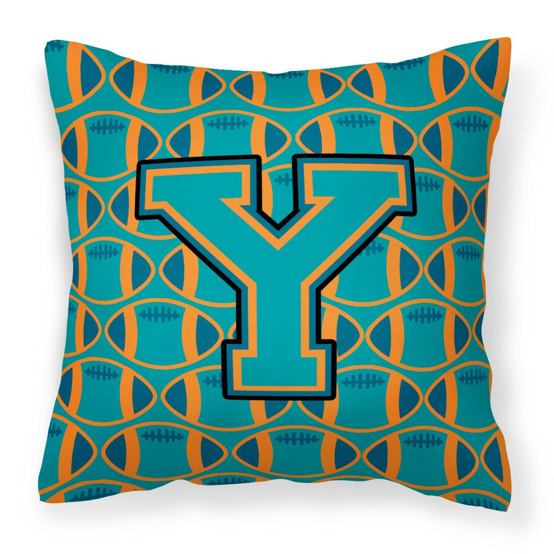 Letter Y Football Aqua, Orange and Marine Blue Fabric Decorative Pillow CJ1063-YPW1414 by Caroline&#39;s Treasures