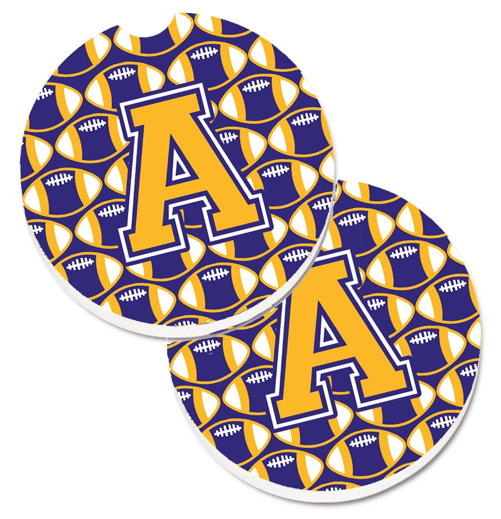 Letter A Football Purple and Gold Set of 2 Cup Holder Car Coasters CJ1064-ACARC by Caroline&#39;s Treasures