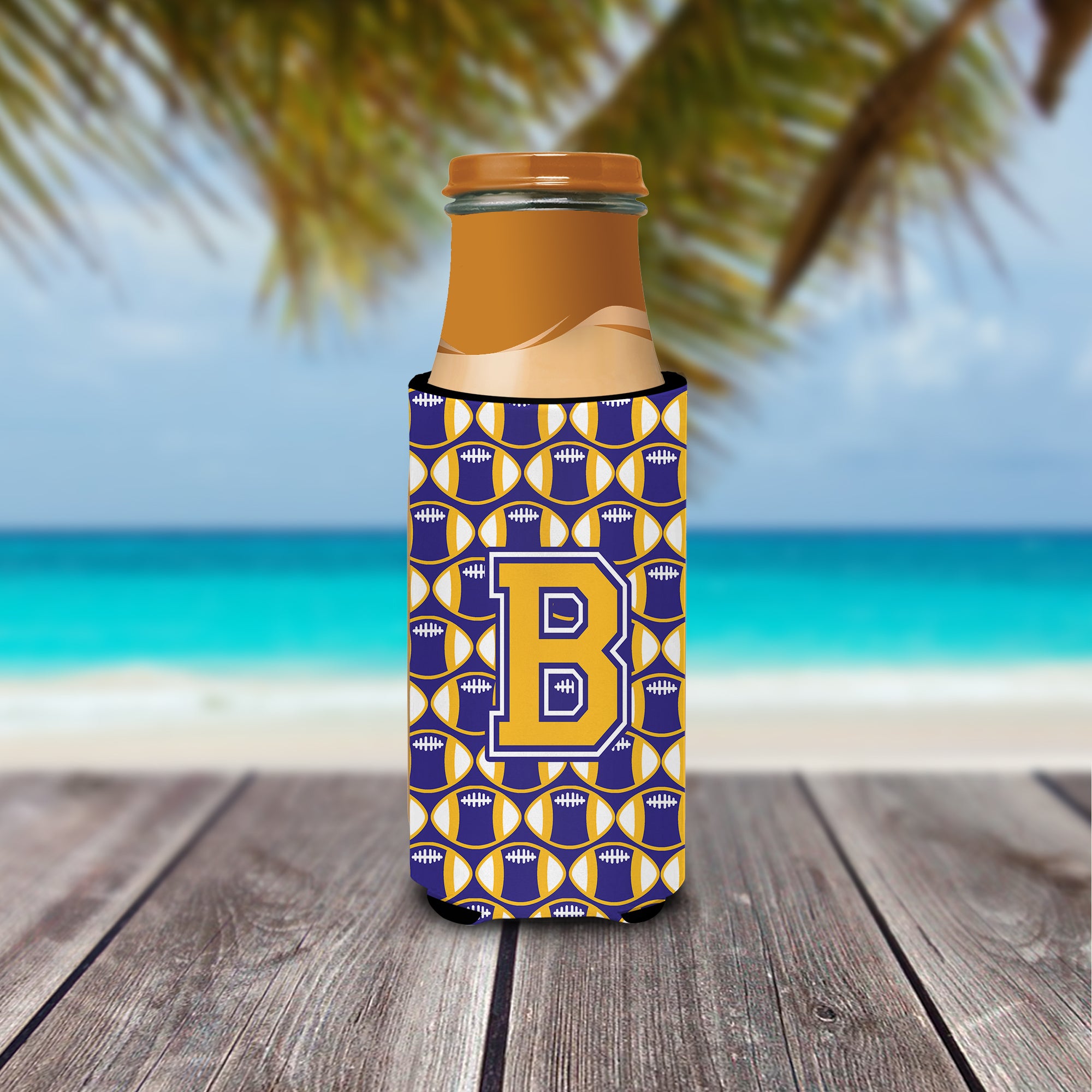 Letter B Football Purple and Gold Ultra Beverage Insulators for slim cans CJ1064-BMUK.