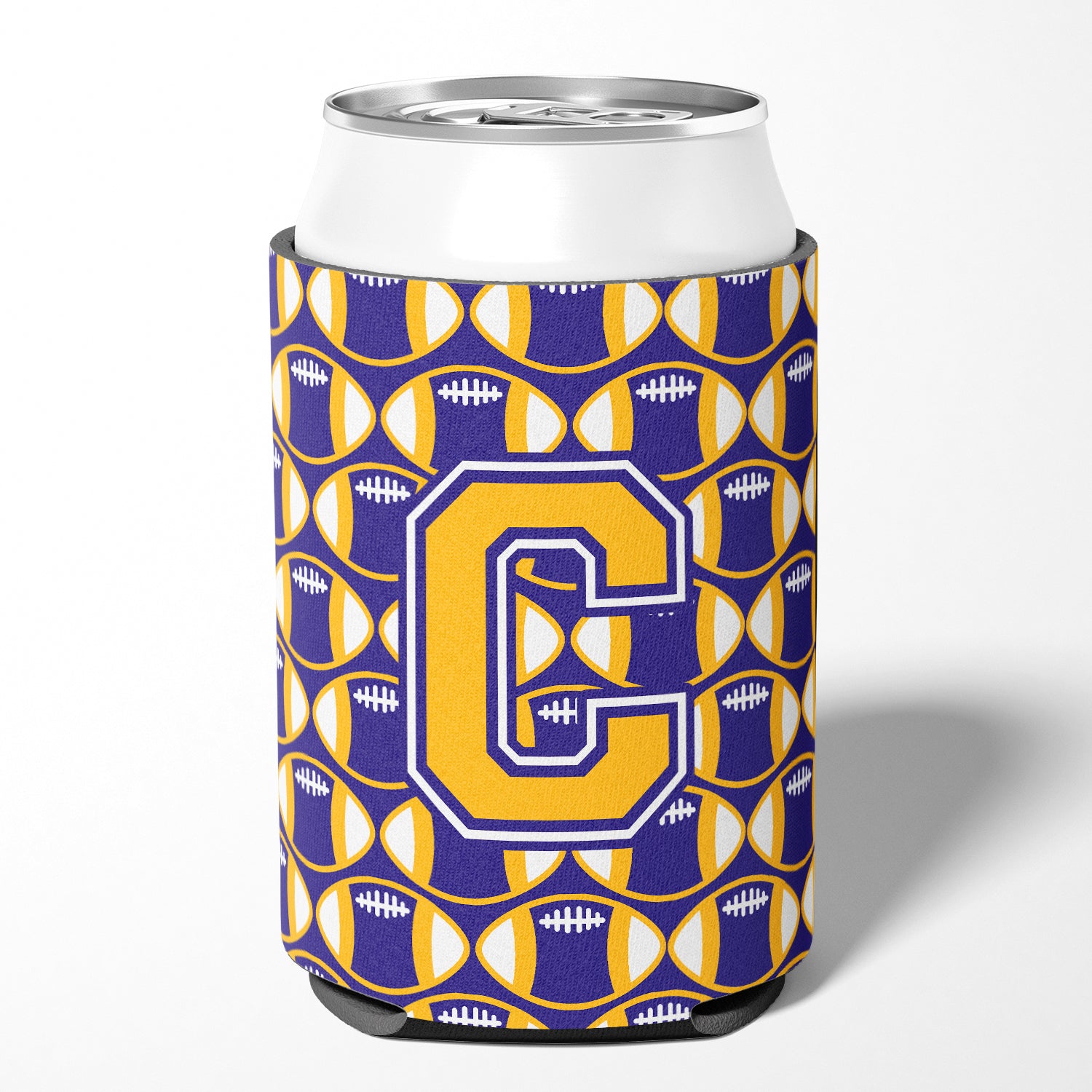 CJ1064-CCC Lettre C Ballon de football violet et or pour canette ou porte-bouteille