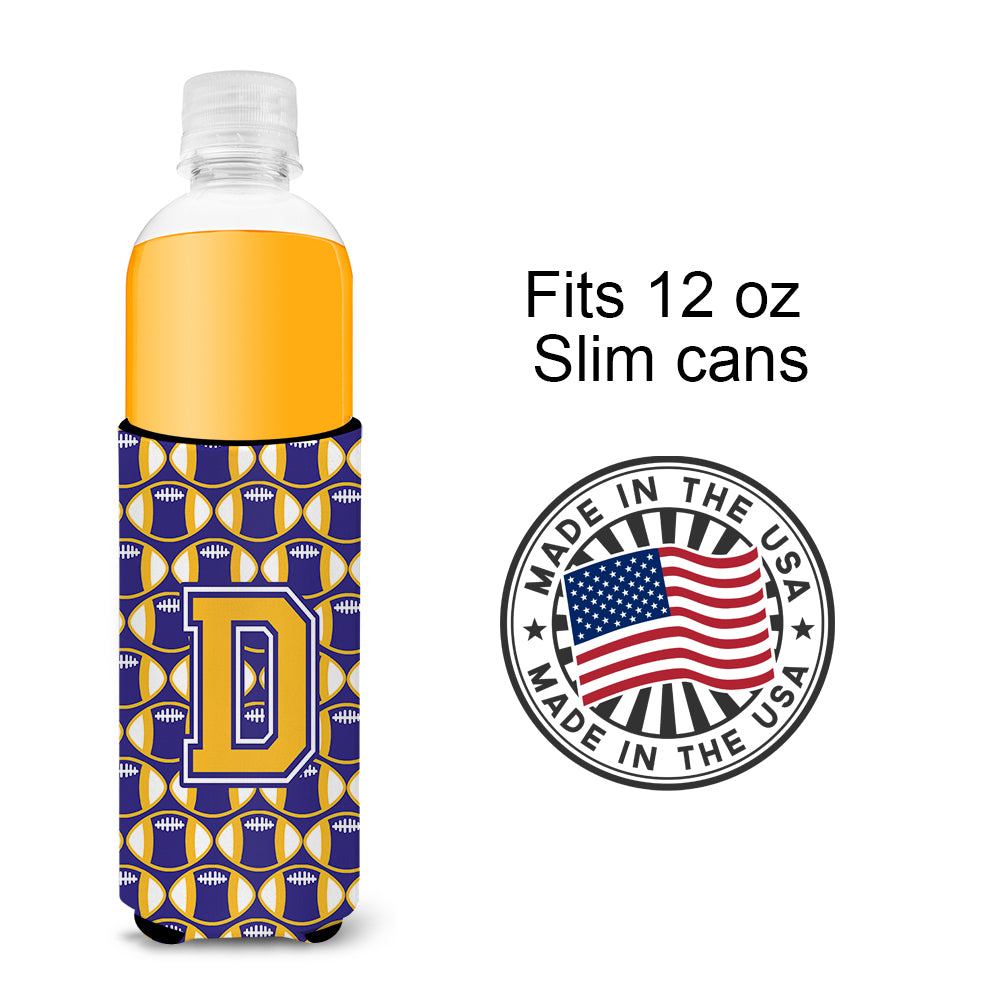 Letter D Football Purple and Gold Ultra Beverage Insulators for slim cans CJ1064-DMUK.
