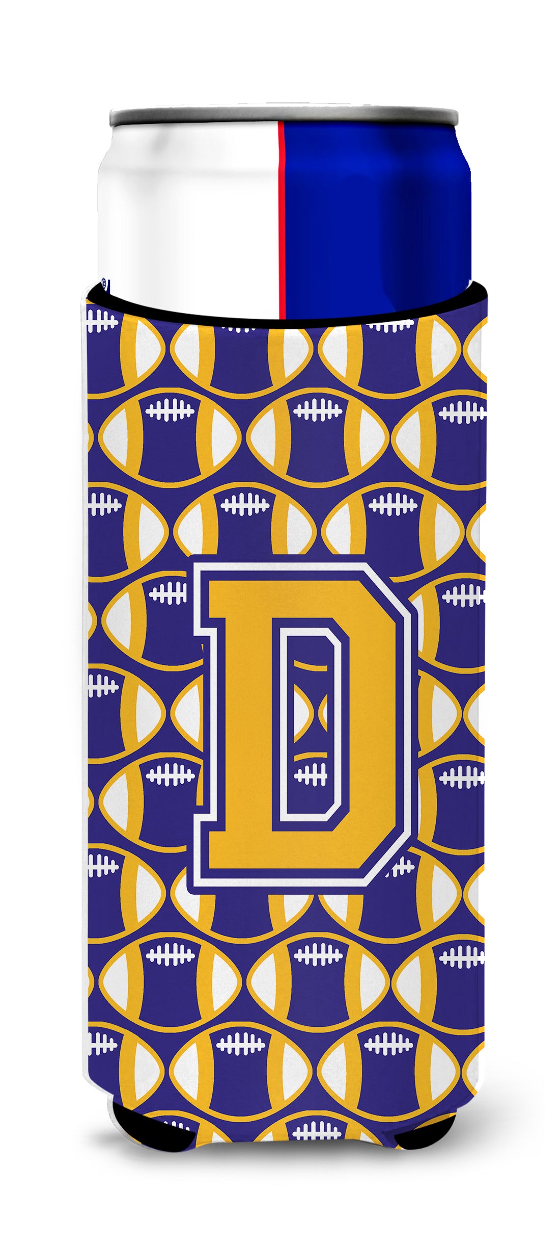 Letter D Football Purple and Gold Ultra Beverage Insulators for slim cans CJ1064-DMUK.