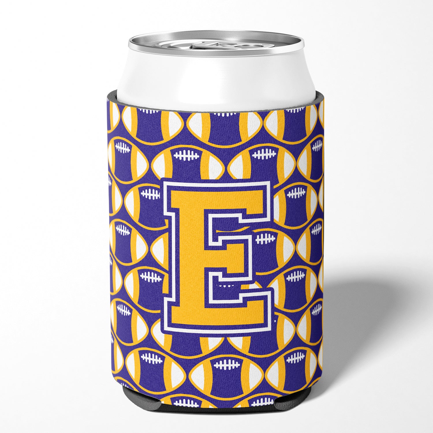 Letter E Football Purple and Gold Can or Bottle Hugger CJ1064-ECC