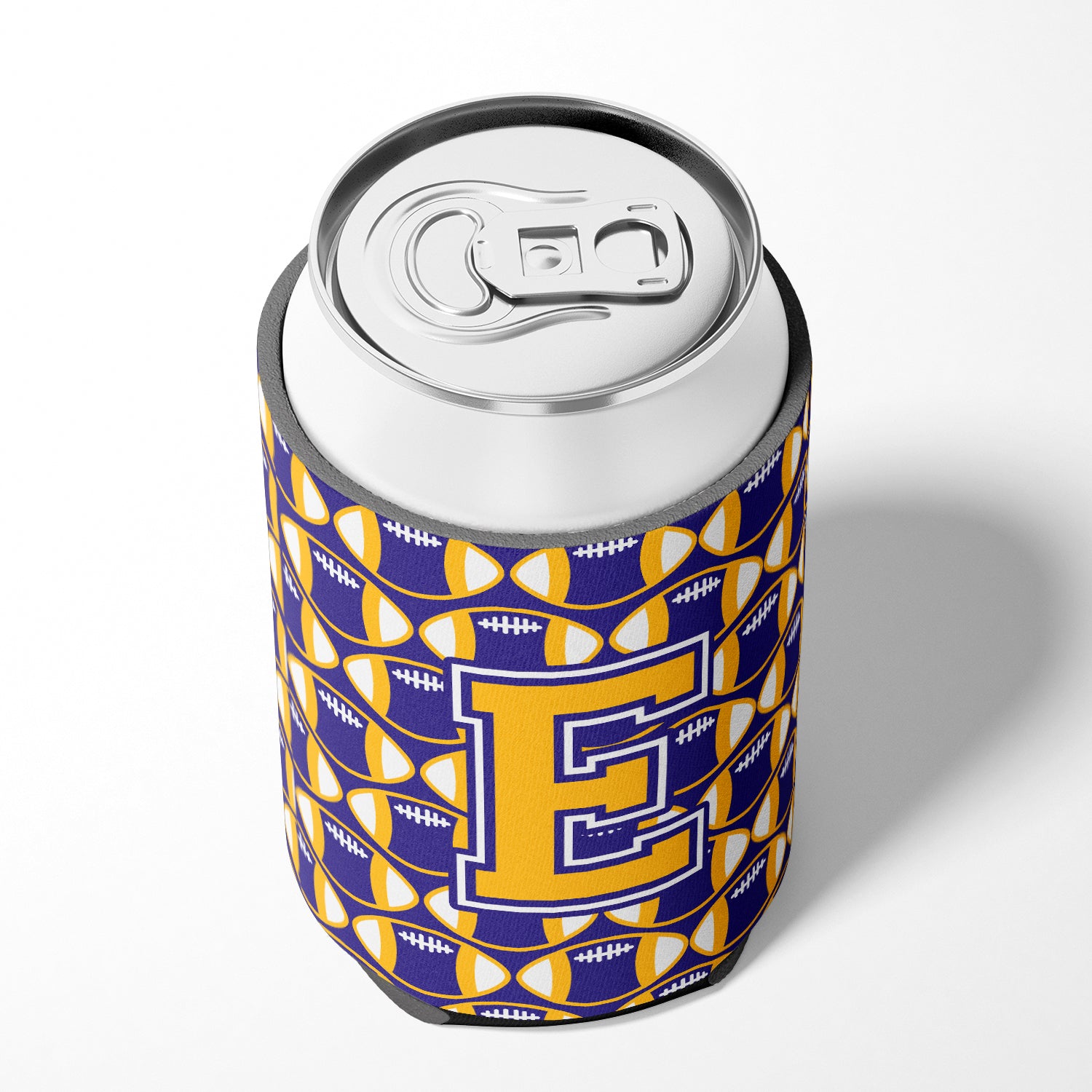 Letter E Football Purple and Gold Can or Bottle Hugger CJ1064-ECC.