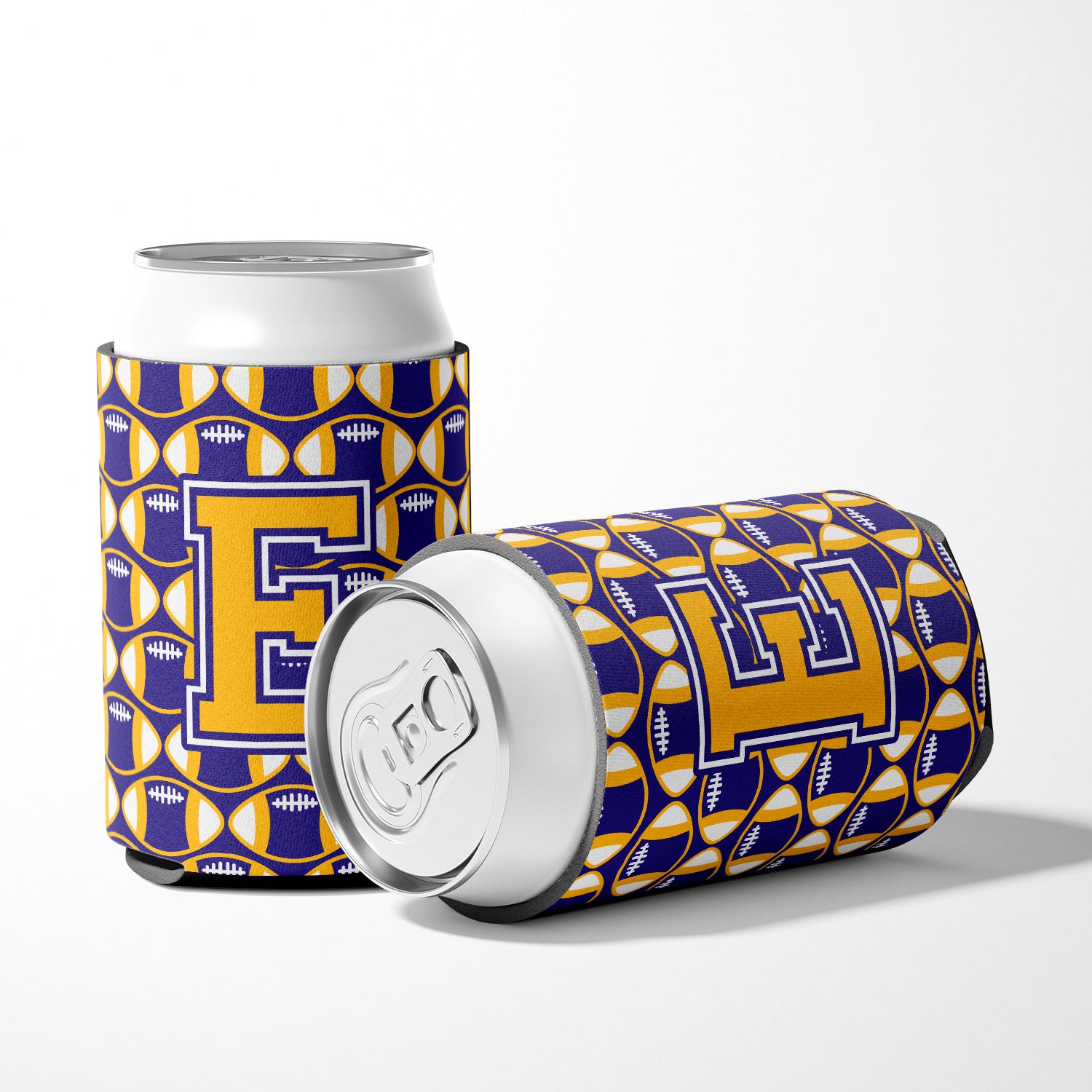 Letter E Football Purple and Gold Can or Bottle Hugger CJ1064-ECC.