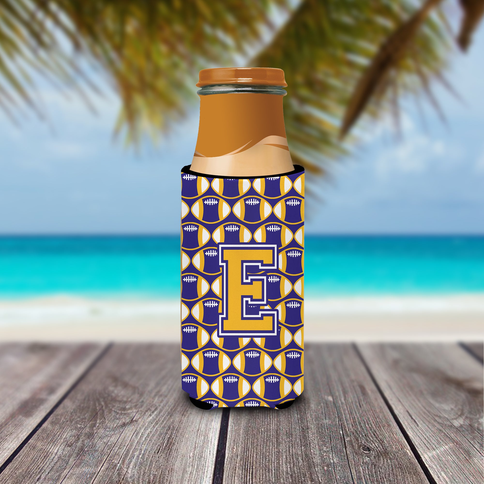 Letter E Football Purple and Gold Ultra Beverage Insulators for slim cans CJ1064-EMUK