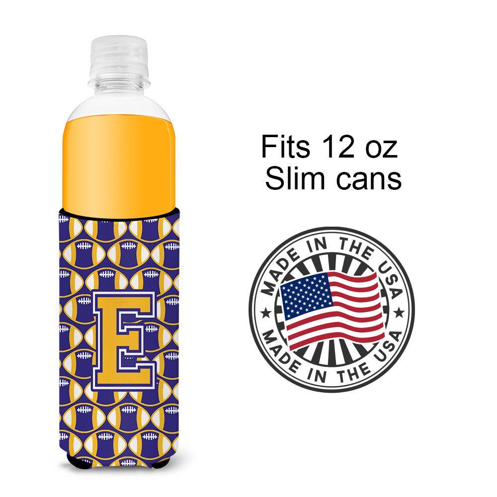 Letter E Football Purple and Gold Ultra Beverage Insulators for slim cans CJ1064-EMUK.