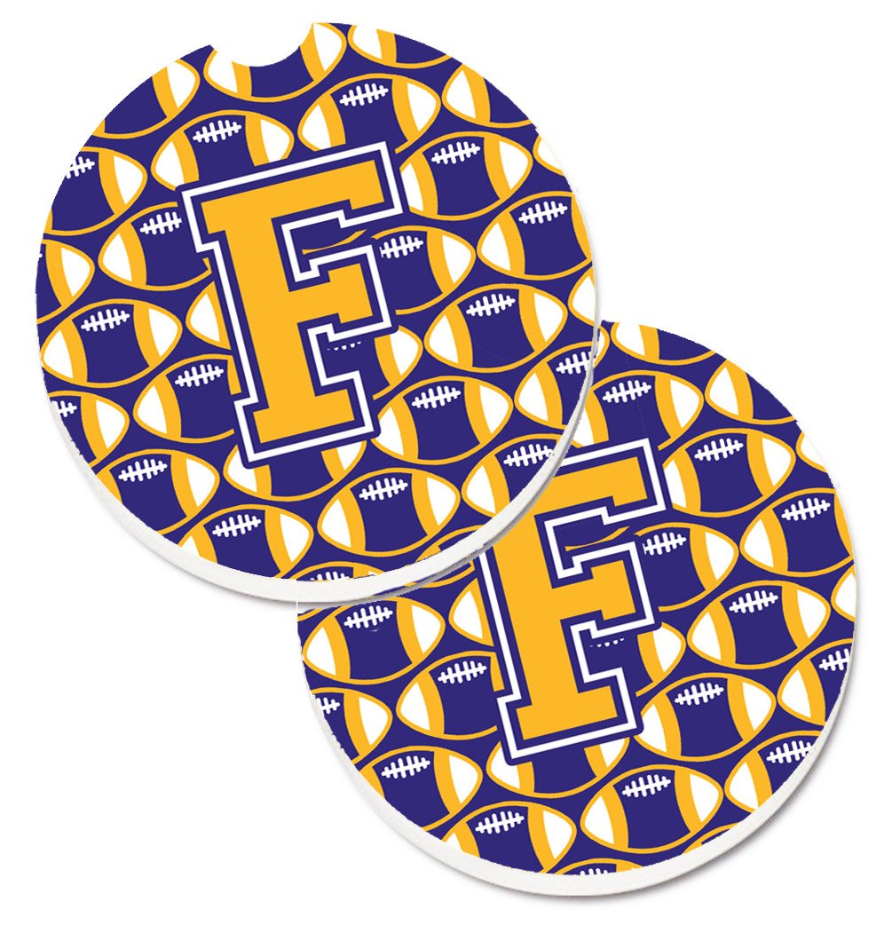 Letter F Football Purple and Gold Set of 2 Cup Holder Car Coasters CJ1064-FCARC by Caroline&#39;s Treasures
