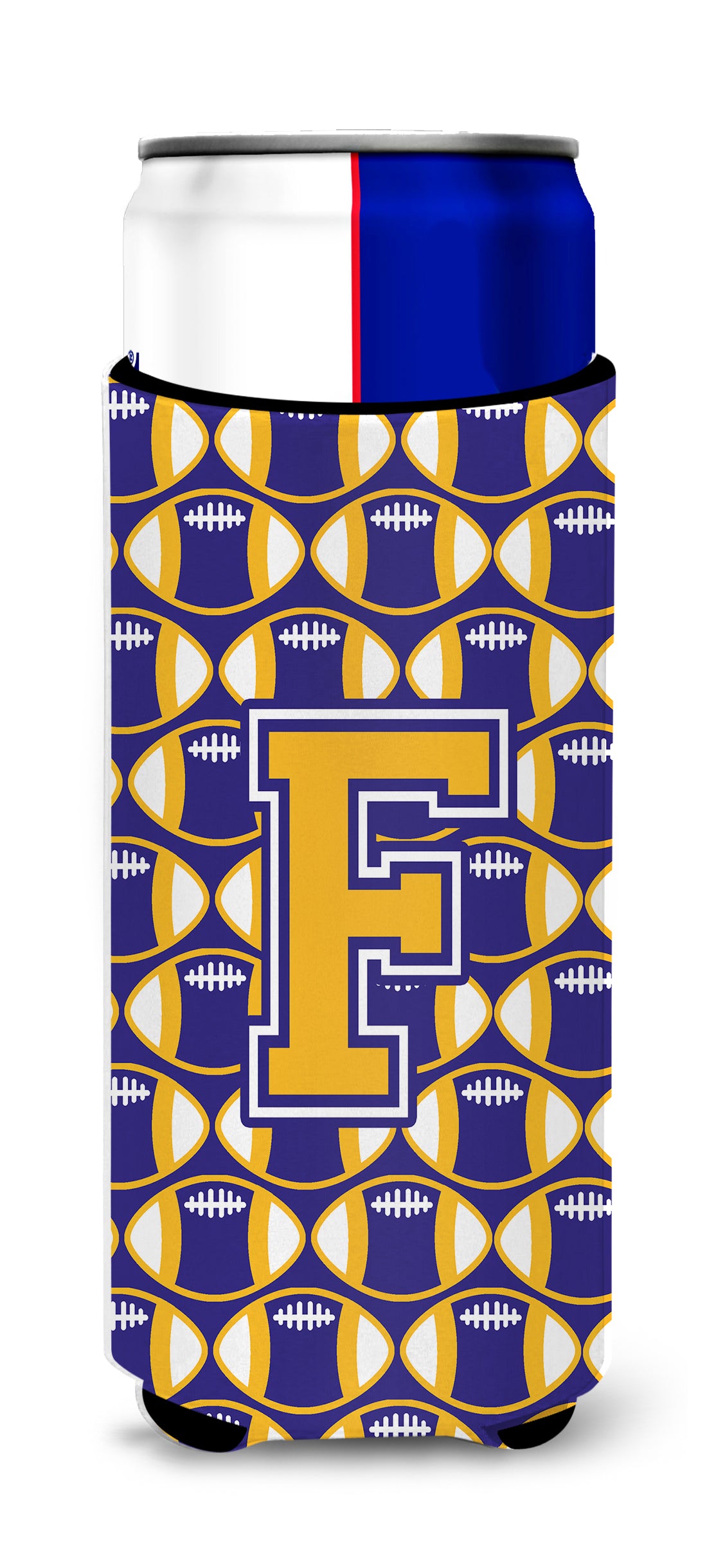 Letter F Football Purple and Gold Ultra Beverage Insulators for slim cans CJ1064-FMUK.
