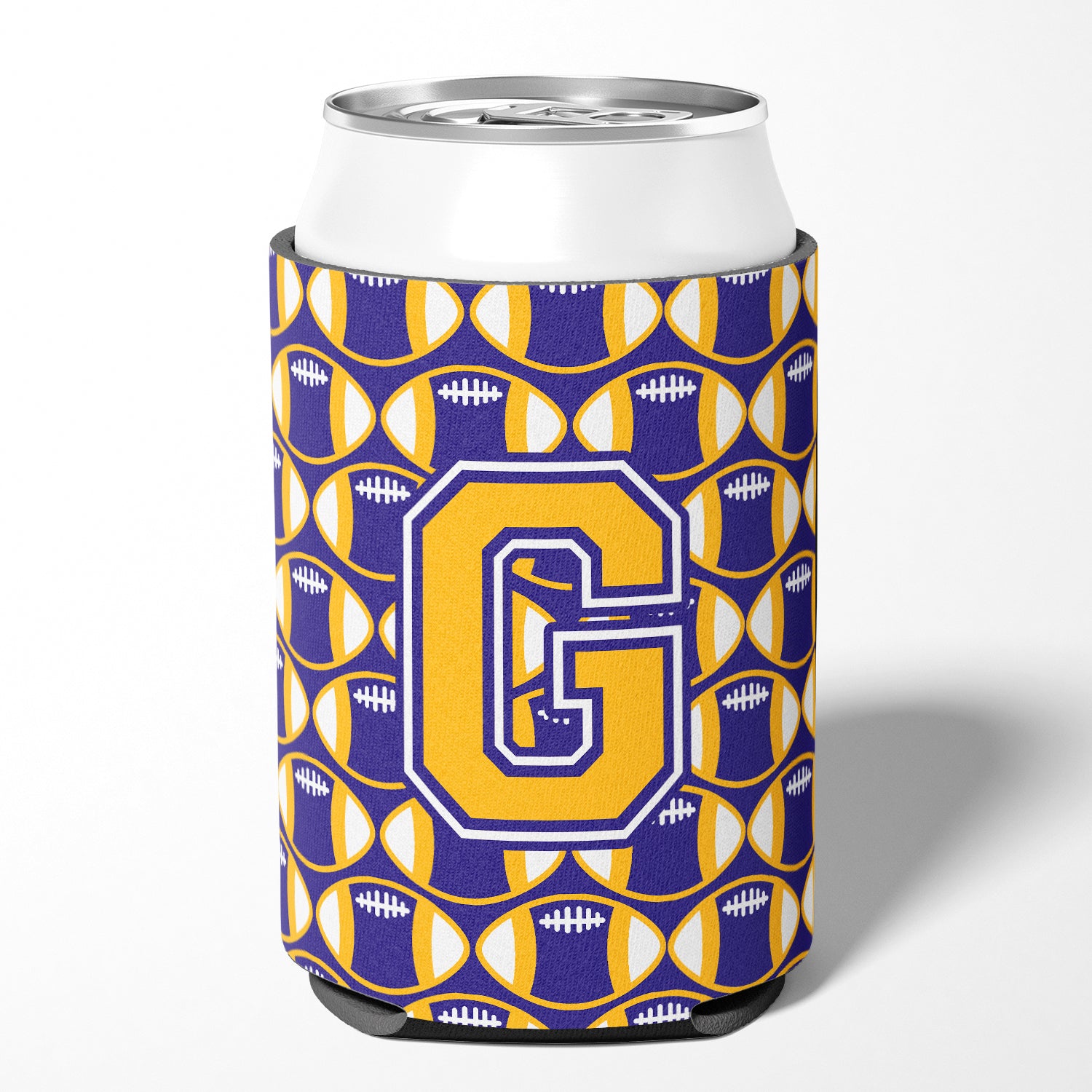 Letter G Football Purple and Gold Can or Bottle Hugger CJ1064-GCC.
