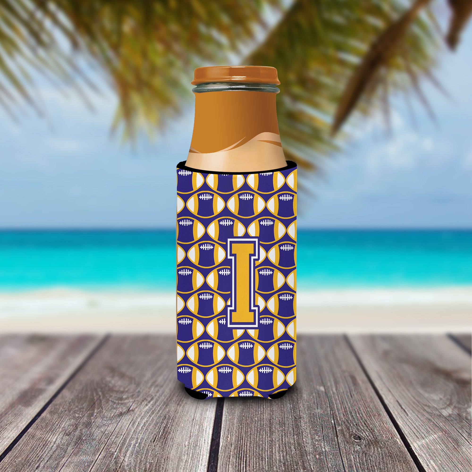Letter I Football Purple and Gold Ultra Beverage Insulators for slim cans CJ1064-IMUK.