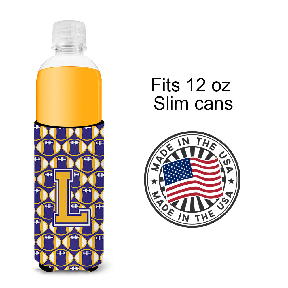 Letter L Football Purple and Gold Ultra Beverage Insulators for slim cans CJ1064-LMUK.