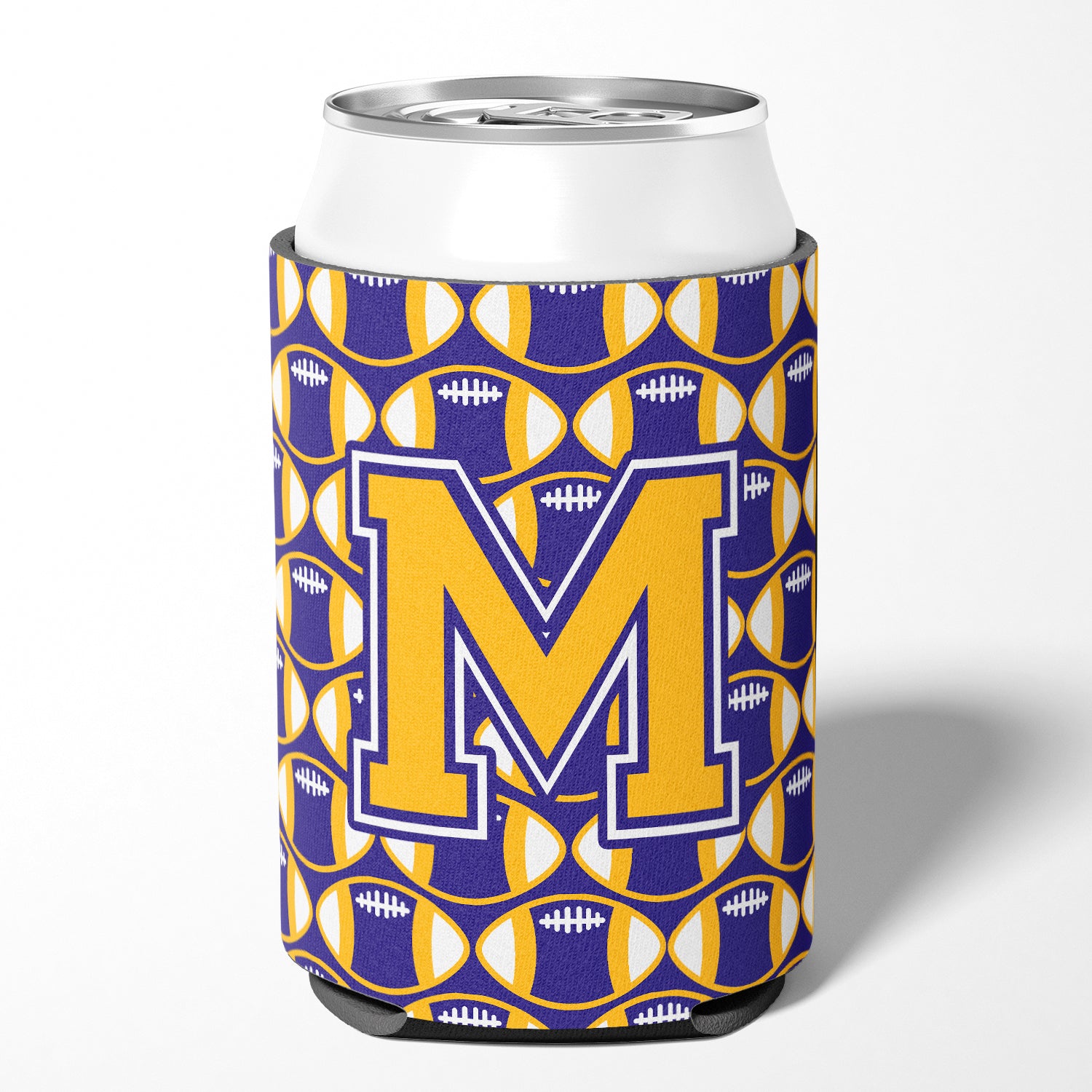 Letter M Football Purple and Gold Can or Bottle Hugger CJ1064-MCC.