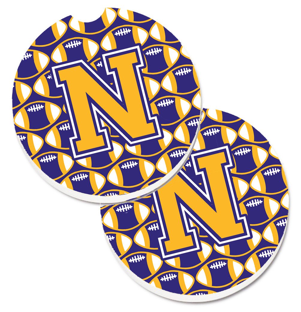 Letter N Football Purple and Gold Set of 2 Cup Holder Car Coasters CJ1064-NCARC by Caroline&#39;s Treasures