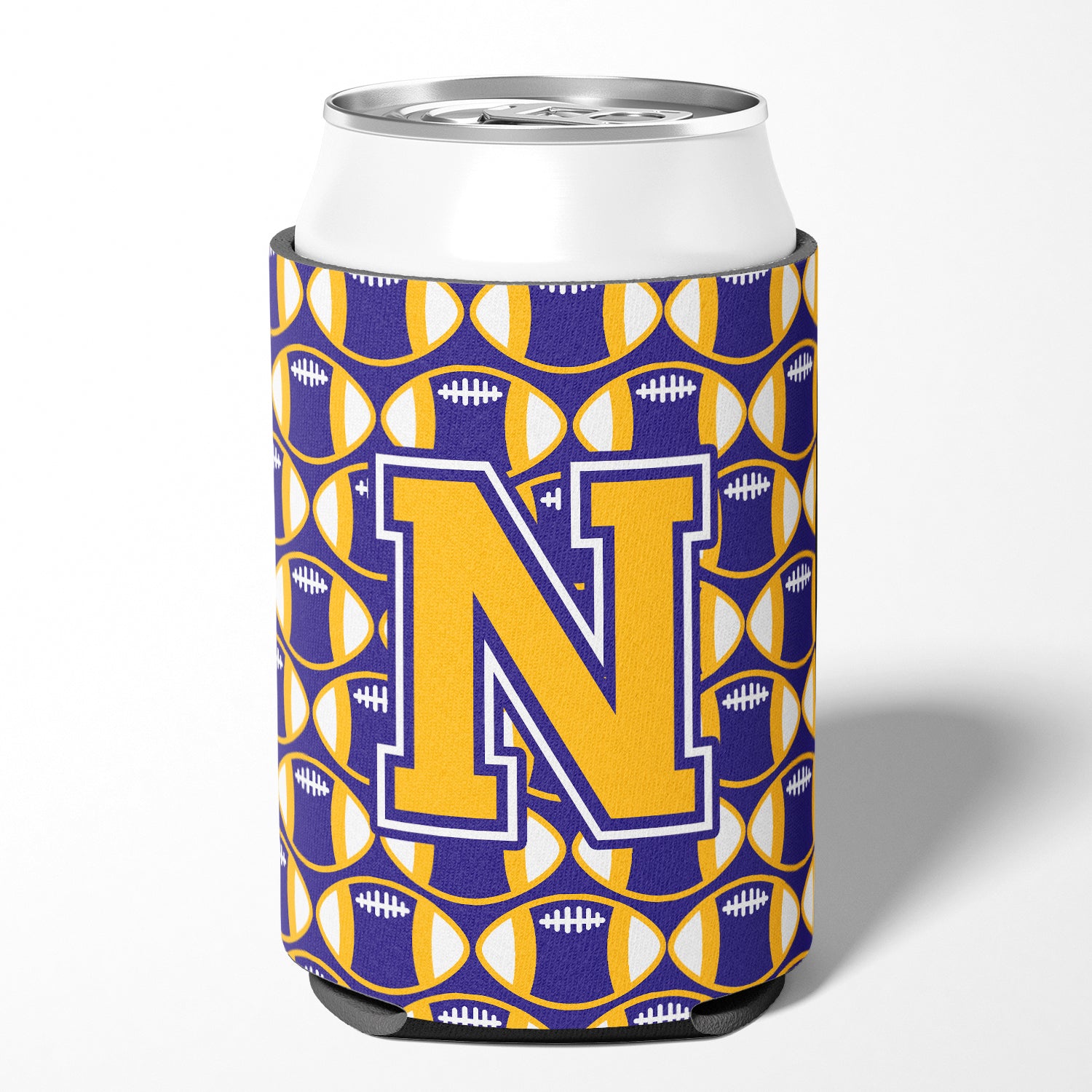 Letter N Football Purple and Gold Can or Bottle Hugger CJ1064-NCC