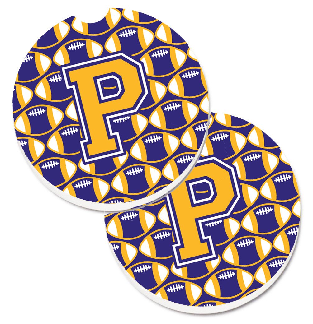 Letter P Football Purple and Gold Set of 2 Cup Holder Car Coasters CJ1064-PCARC by Caroline's Treasures