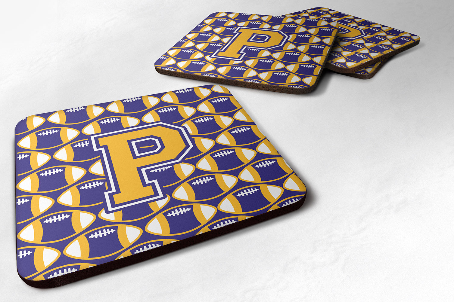 Letter P Football Purple and Gold Foam Coaster Set of 4 CJ1064-PFC - the-store.com