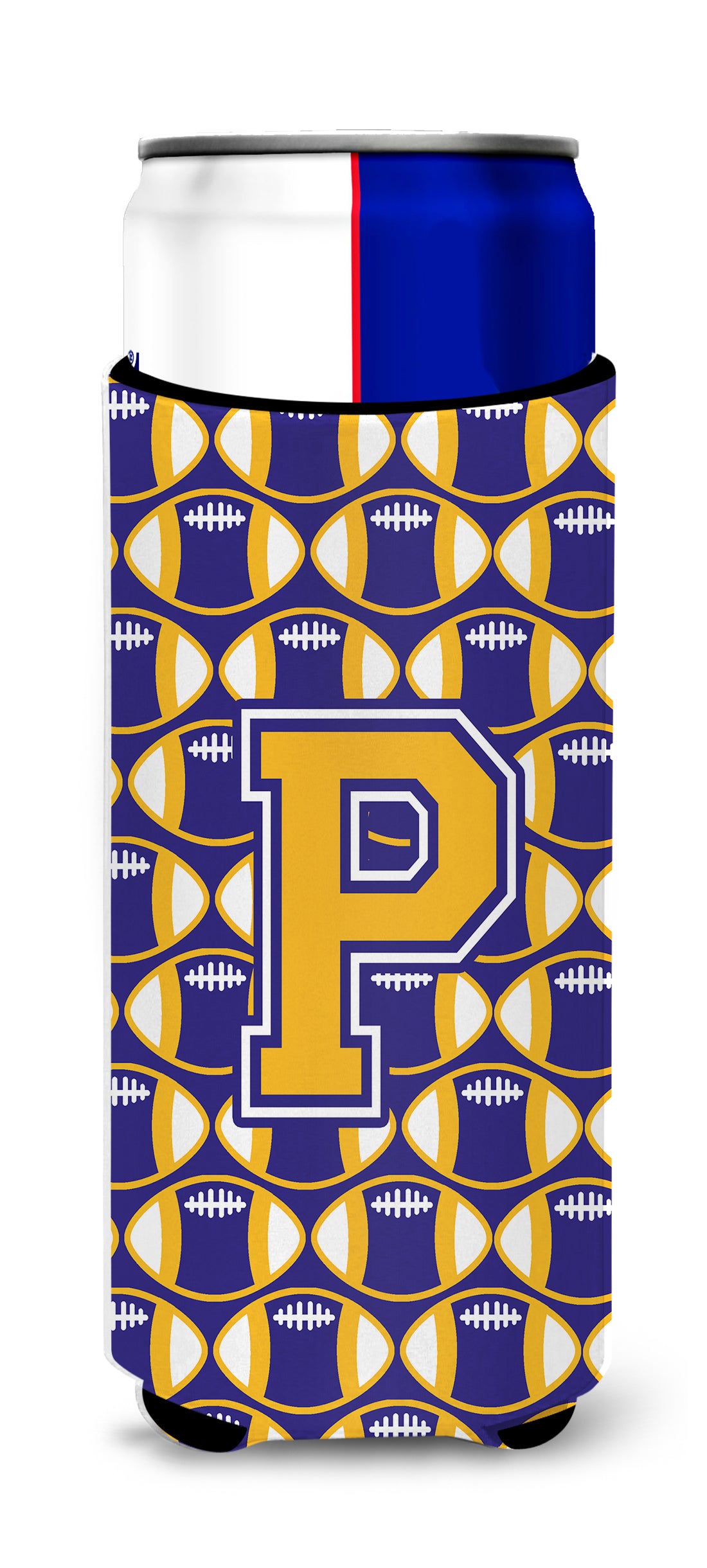 Letter P Football Purple and Gold Ultra Beverage Insulators for slim cans CJ1064-PMUK