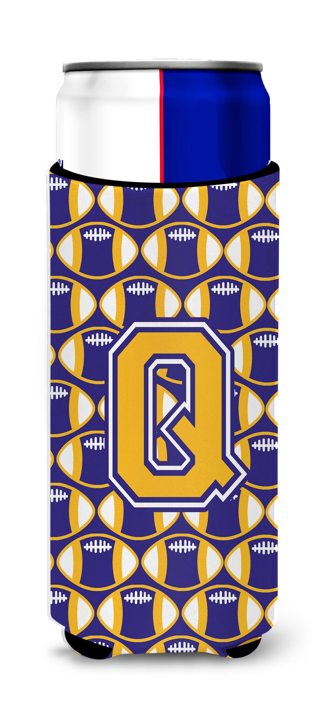 Letter Q Football Purple and Gold Ultra Beverage Insulators for slim cans CJ1064-QMUK.