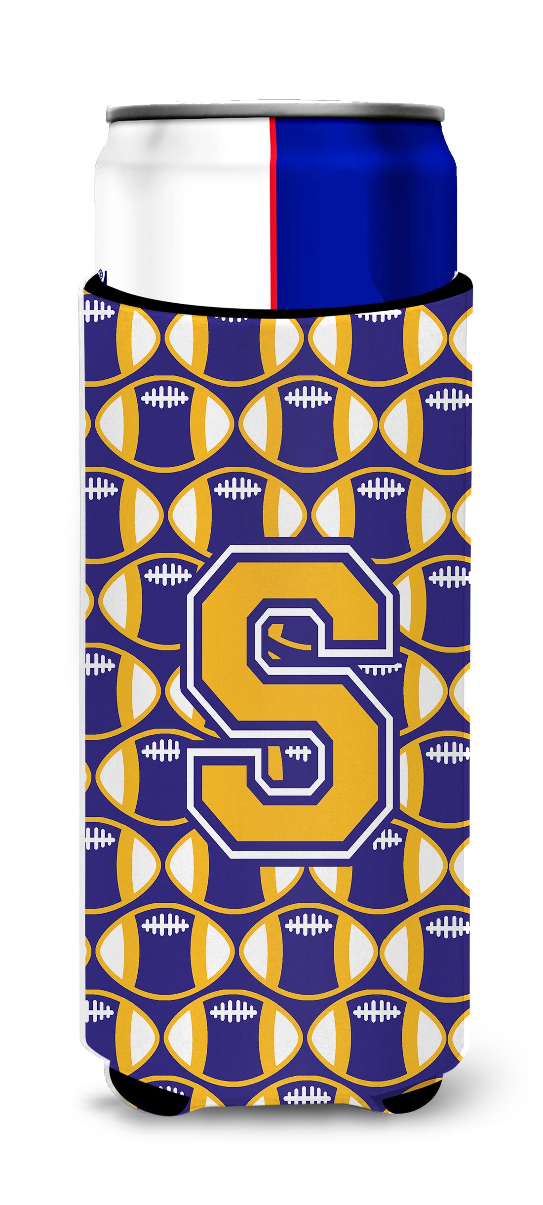 Letter S Football Purple and Gold Ultra Beverage Insulators for slim cans CJ1064-SMUK