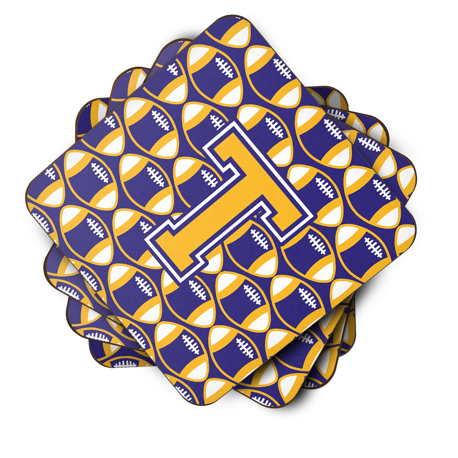 Letter T Football Purple and Gold Foam Coaster Set of 4 CJ1064-TFC - the-store.com
